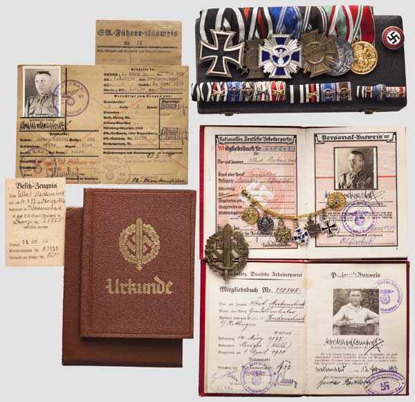 Nachlass des NSDAP-Mitgliedes Albert Meckenstock - Ordensschnalle, zwei Parteibücher, Ausweise und