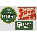 Drei Brauerei-Emaille-Werbeschilder {Stiegl Bier{, gewölbtes Schild der Salzburger Brauerei, 50er