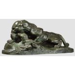 Antoine Louis Barye (1795 - 1875) - Bronze {Panther einen Hasen schlagend{ Bronzefigur eines