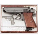 Walther-Manurhin PPK, im Karton Kal. 7,65 mm, Nr. 107189. Blanker Lauf. Siebenschüssig. Gültiger