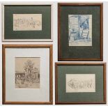 Otto Flechtner (1881 - 1952) - vier Kohle-Zeichnungen/-Skizzen von der Westfront In Blaustift
