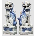 Ein Paar Fo-Hunde, China, 19. Jhdt. Weiß glasiertes Porzellan mit blauer Farbfassung. Auf Sockel,