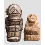 Steinskulptur eines hockenden Menschen, Taino-Kultur der Karibik, 11.-15. Jhdt. Quarzitstele eines