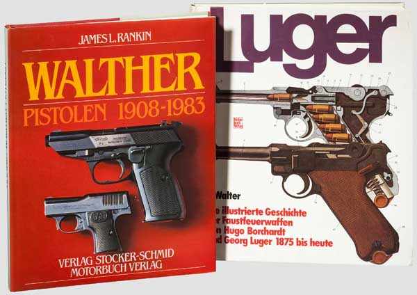 Bücher über Luger- und Walther-Pistolen {Luger{ von John Walter, 1982, und {Walther{ von James