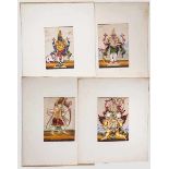 Elf Gouachen hinduistischer Götter nach 1900 Farbige Malerei auf Zellglas, gerahmt in Passepartouts,
