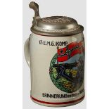 A 17. (E.M.G.) Komp. I. R. 42 HOF Stein Stoneware, 0.5 L, machine gun scene, G Puhrold, helmet in