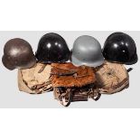 Konvolut Ausrüstung Ein Stahlhelm M 40 mit Lederfutter (Lackierung abgerieben, Kinnriemen