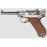 Pistole 08, DWM, {First Issue{, mit Tasche Kal. 9 mm Luger, Nr. 2977a. Nummerngleich, Schlagbolzen