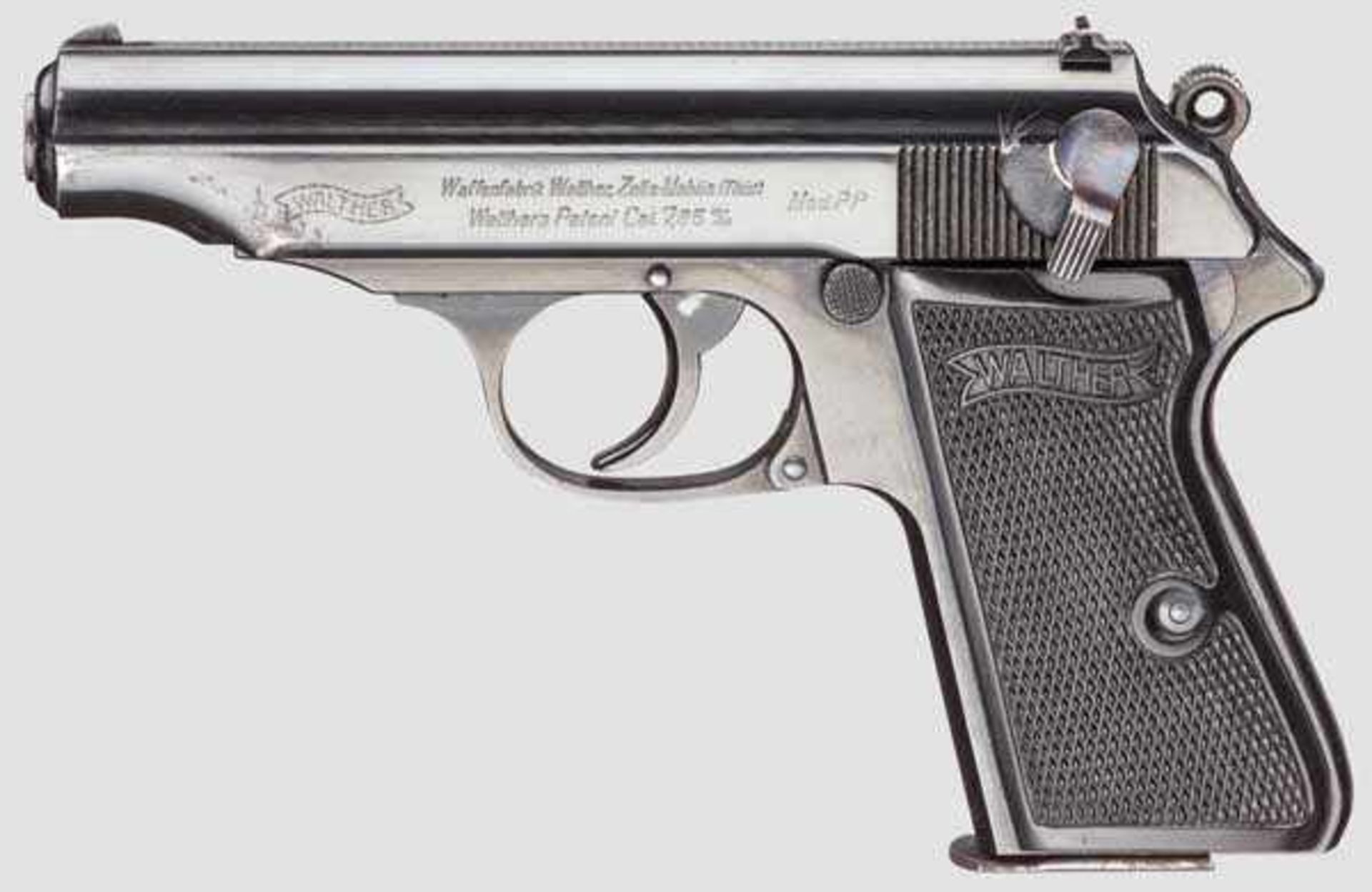 Walther PP, ZM Kal. 7,65 mm, Nr. 111314P. Blanker Lauf. Achtschüssig. Beschuss Krone/N.