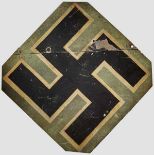 A Swastika Panel cut from Aircraft Aluminum panel features a black painted swastika with a narrow