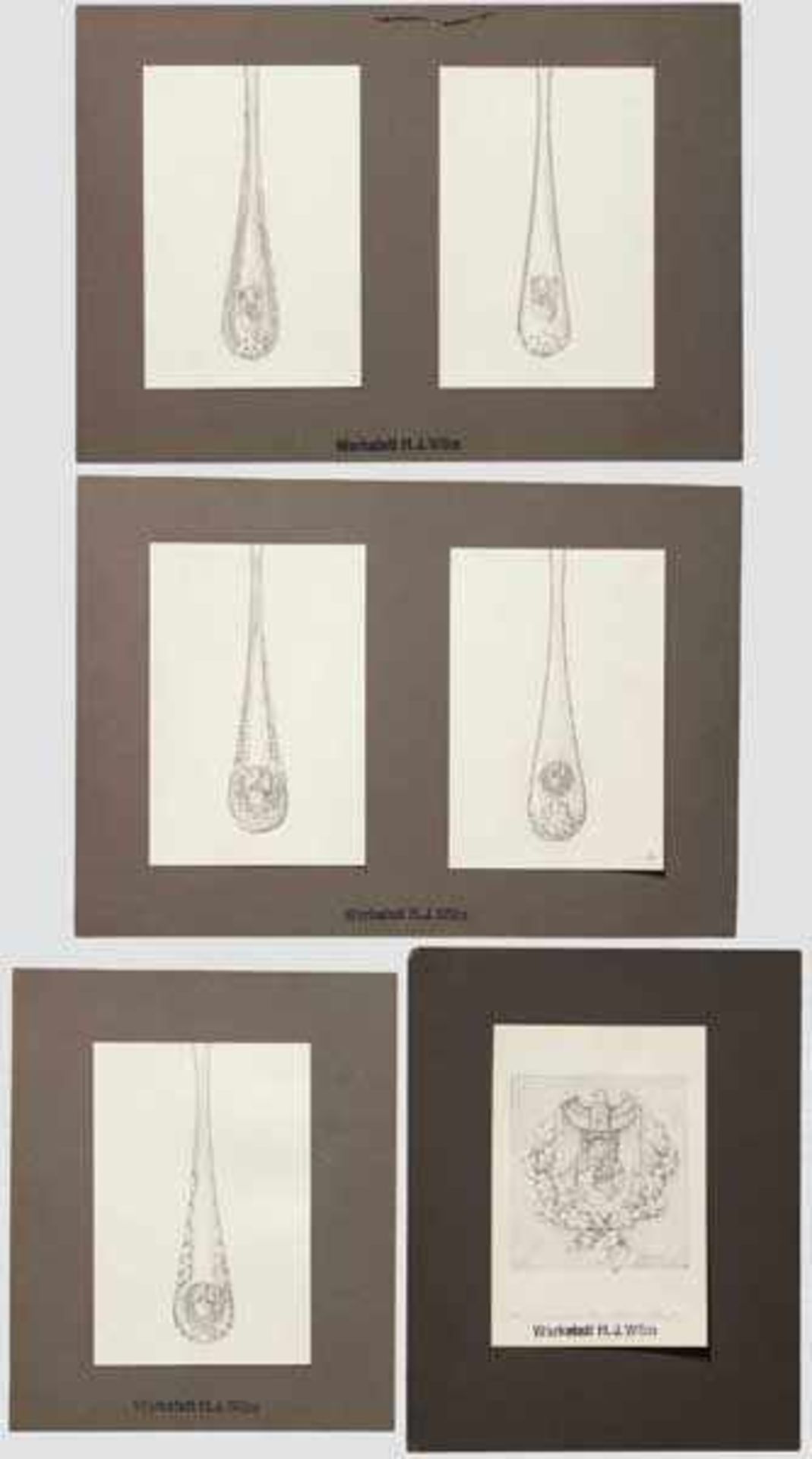 Sechs Entwurfzeichnungen des Juweliers H.H. Wilm für ein Galabesteck des Auswärtigen Amtes Bleistift