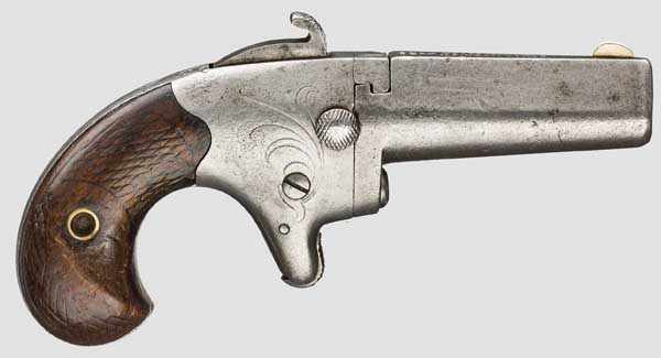 Colt Second Model Deringer Kaliber .41 RF, Nr. 7094. Rauer Lauf, Länge 2-1/2{. Neusilberkorn. Auf