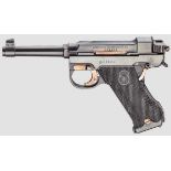 Husqvarna M 40, mit Tasche, Polizei Kal. 9 mm Luger, Nr. D11850. Nummerngleich. Blanker Lauf,