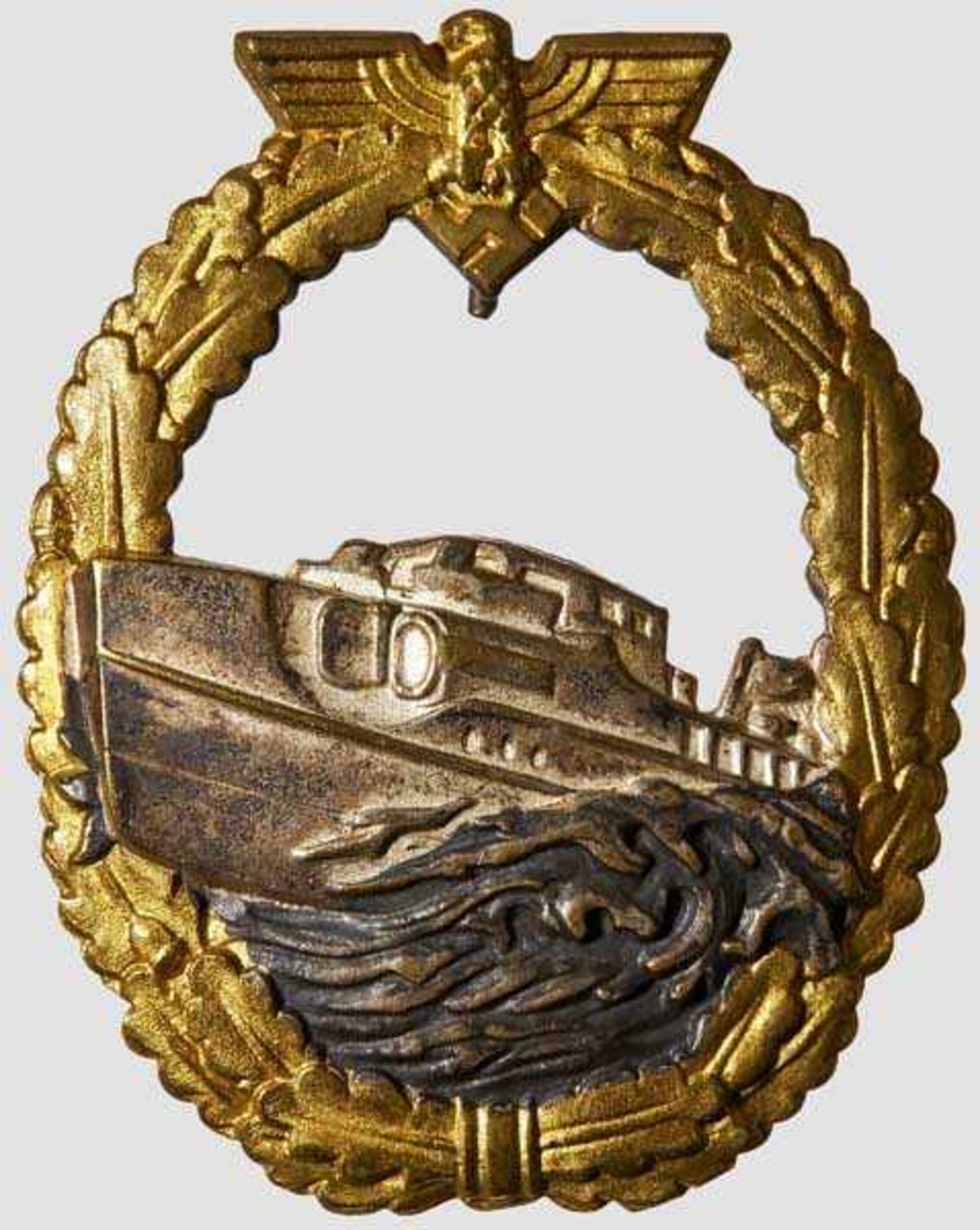 E-Boat War Badge 1st Model Silvered and gilded tombak, horizontal pin, barrel hinge, catch and hook.