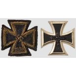 Embroidered Iron Cross 1939 I Class and a 1957 Version Fine black cloth, embroidered frame, swastika