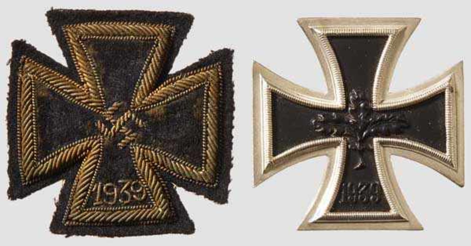 Embroidered Iron Cross 1939 I Class and a 1957 Version Fine black cloth, embroidered frame, swastika