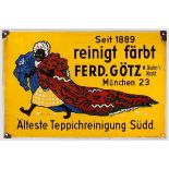 Emailleschild {FERD. GÖTZ{ {reinigt färbt FERD.GÖTZ{, abgekantetes Schild der 50er Jahre, Herst.-