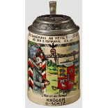 A Bei der 3. Kompanie I. R. 26 Stein Pottery, 0.5 L, sentry guard house and bridge scene, with