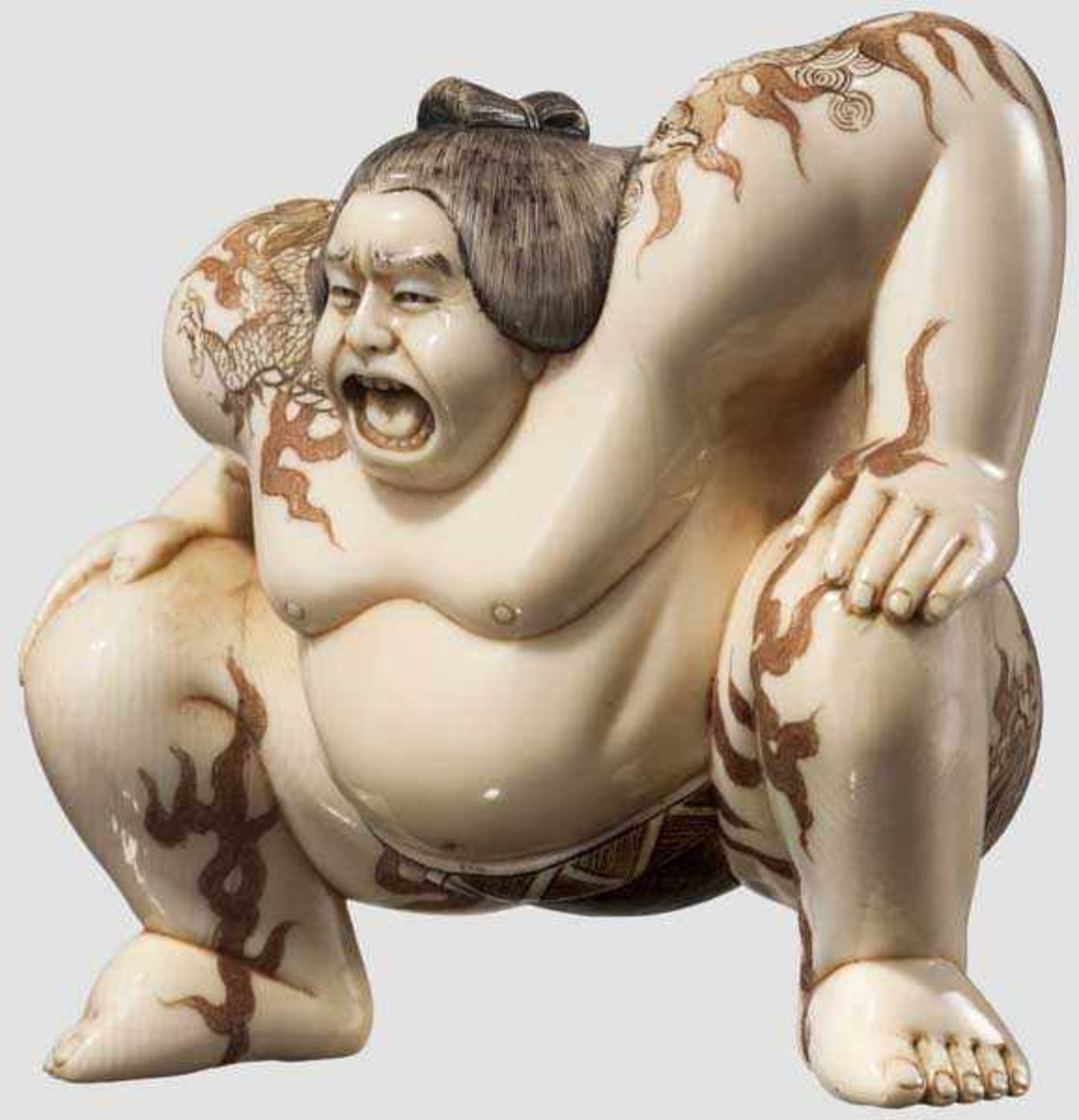 Okimono eines Sumoringers, Japan, Taisho-/Showa-Periode Ausdrucksstarke, aus Elfenbein geschnitzte - Bild 2 aus 4