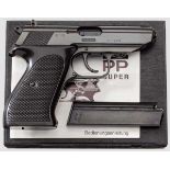 Walther PP Super, in Box, Versuch Kal. 9 mm Ultra (Police), Nr. V 1022. Banker Lauf. Siebenschüssig.