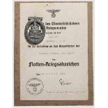 Marinemusikgefreiter "Admiral Graf Spee" Hermann Uhr - Flotten-Kriegsabzeichen mit Urkunde