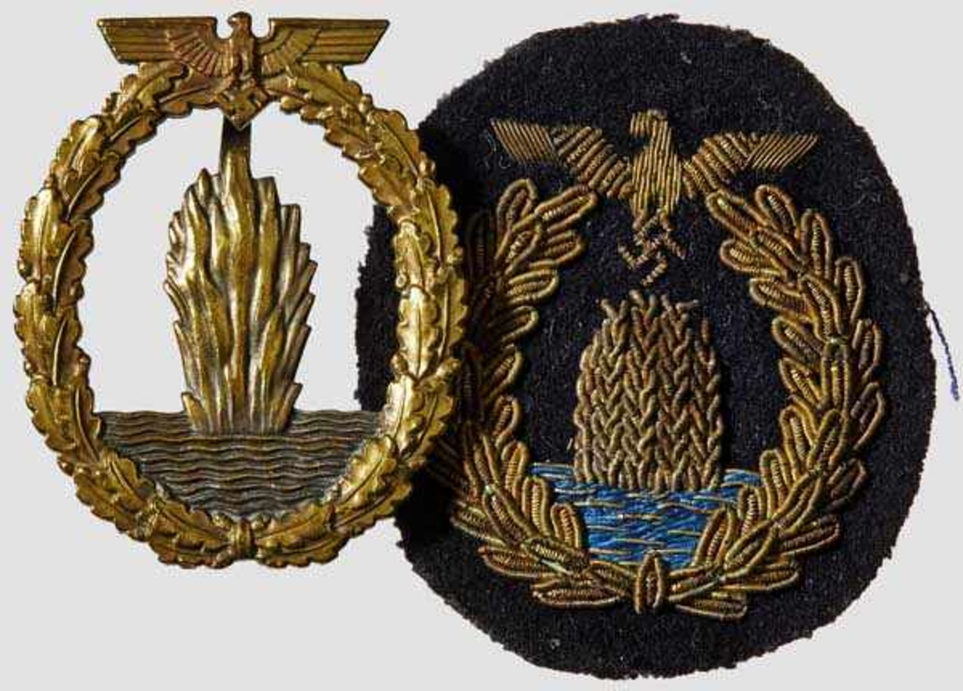 A Pair of Minesweeper War Badges Gilded and silvered tombak, unmarked Schickle manufacture with