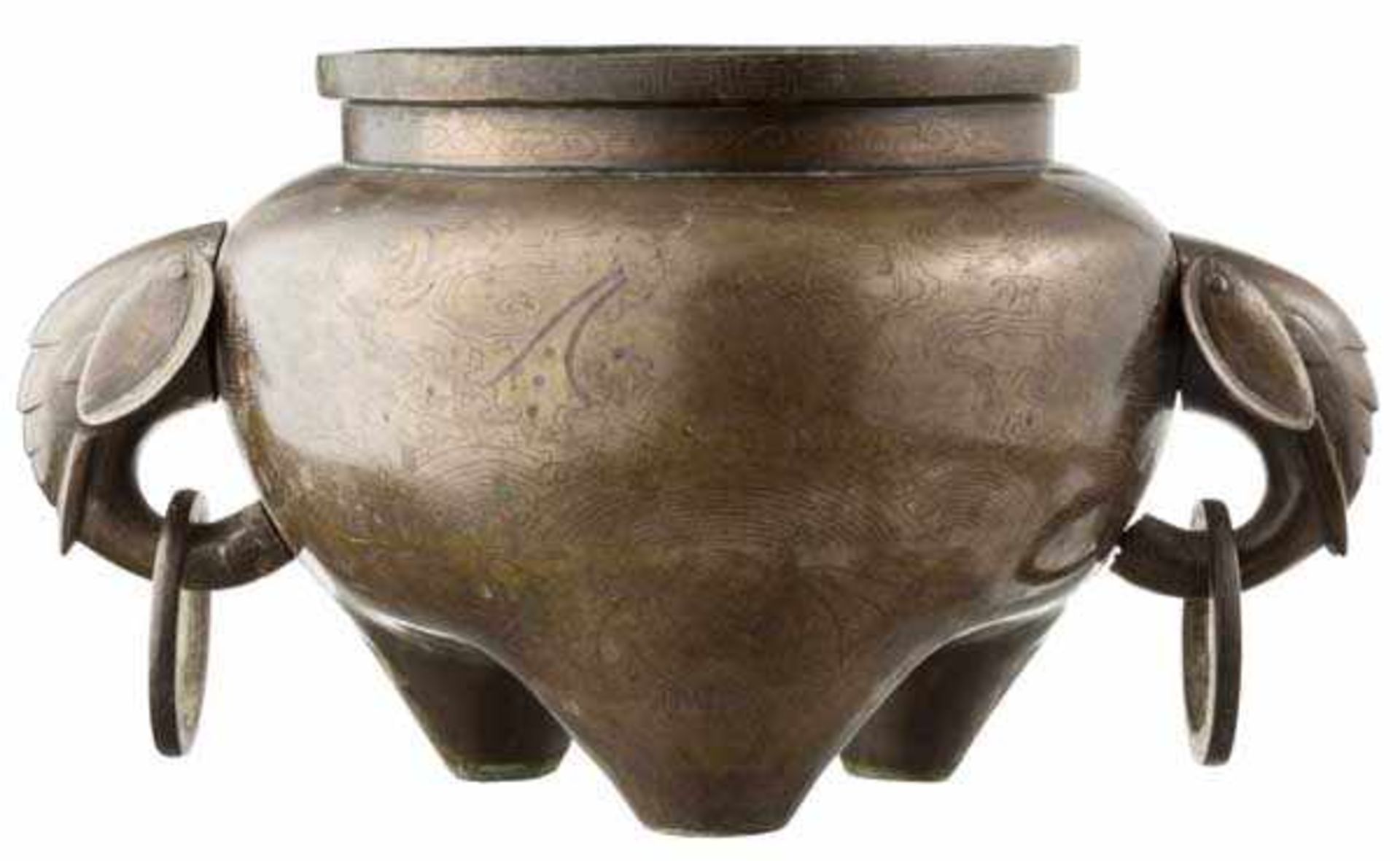 Bronzegefäß mit Silbereinlagen, China, 19. Jhdt. Bauchiges Gefäß auf drei kurzen Standbeinen. - Bild 5 aus 9