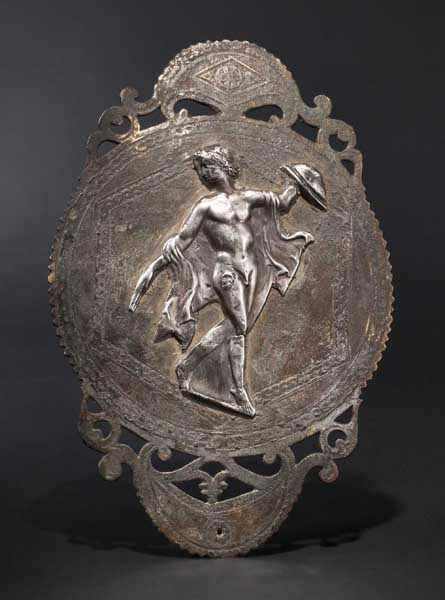 Pferdegeschirranhänger mit Silberapplik, römisch, spätes 1. - 2. Jhdt. Großer, bronzenes Medaillon