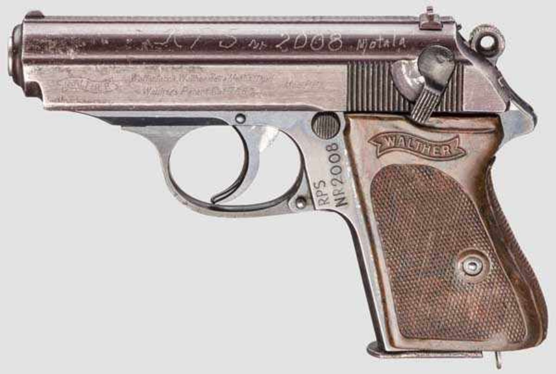 Walther PPK, ZM Kal. 7,65 mm, Nr. 786126 am Griffstück, Nr. 422263K am Verschluss. Blanker Lauf.