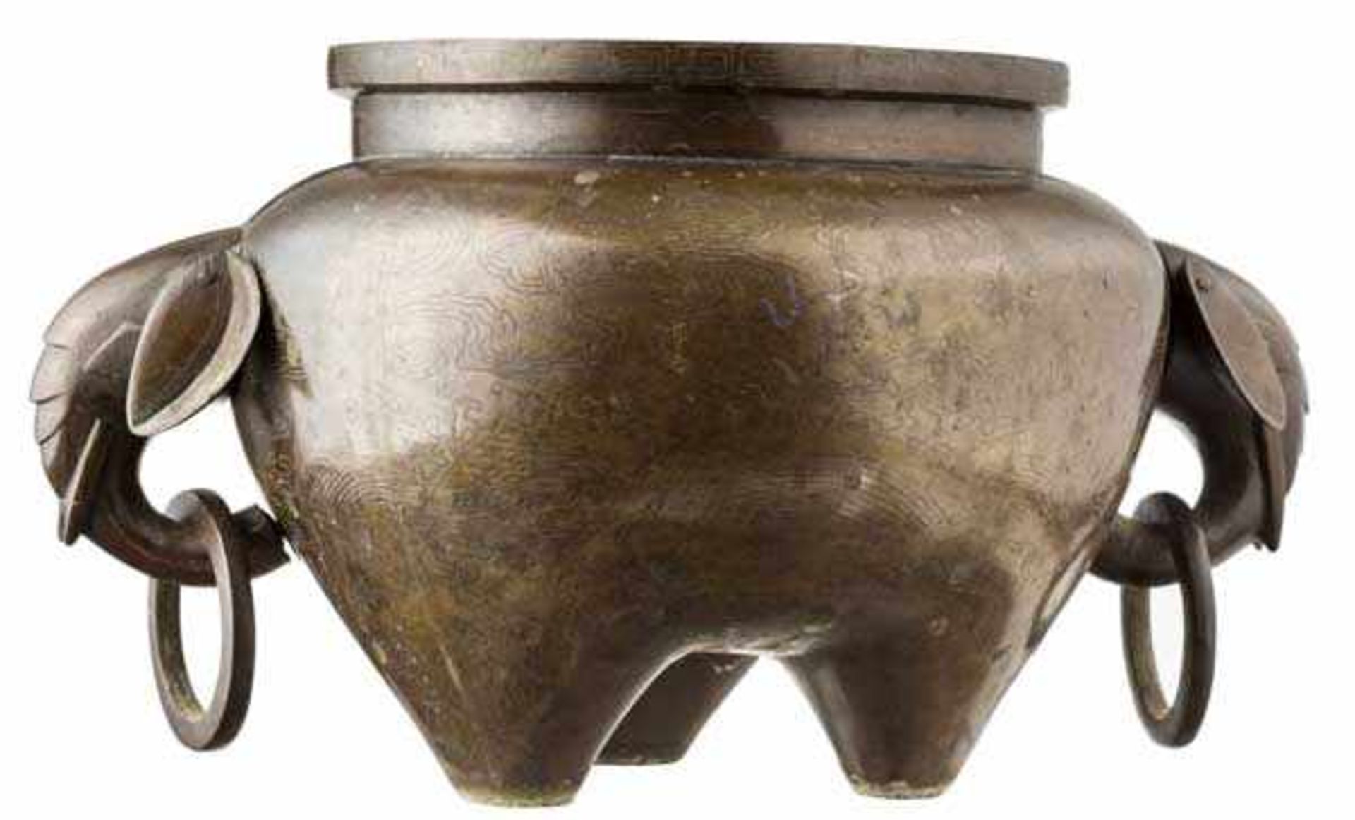 Bronzegefäß mit Silbereinlagen, China, 19. Jhdt. Bauchiges Gefäß auf drei kurzen Standbeinen. - Bild 7 aus 9