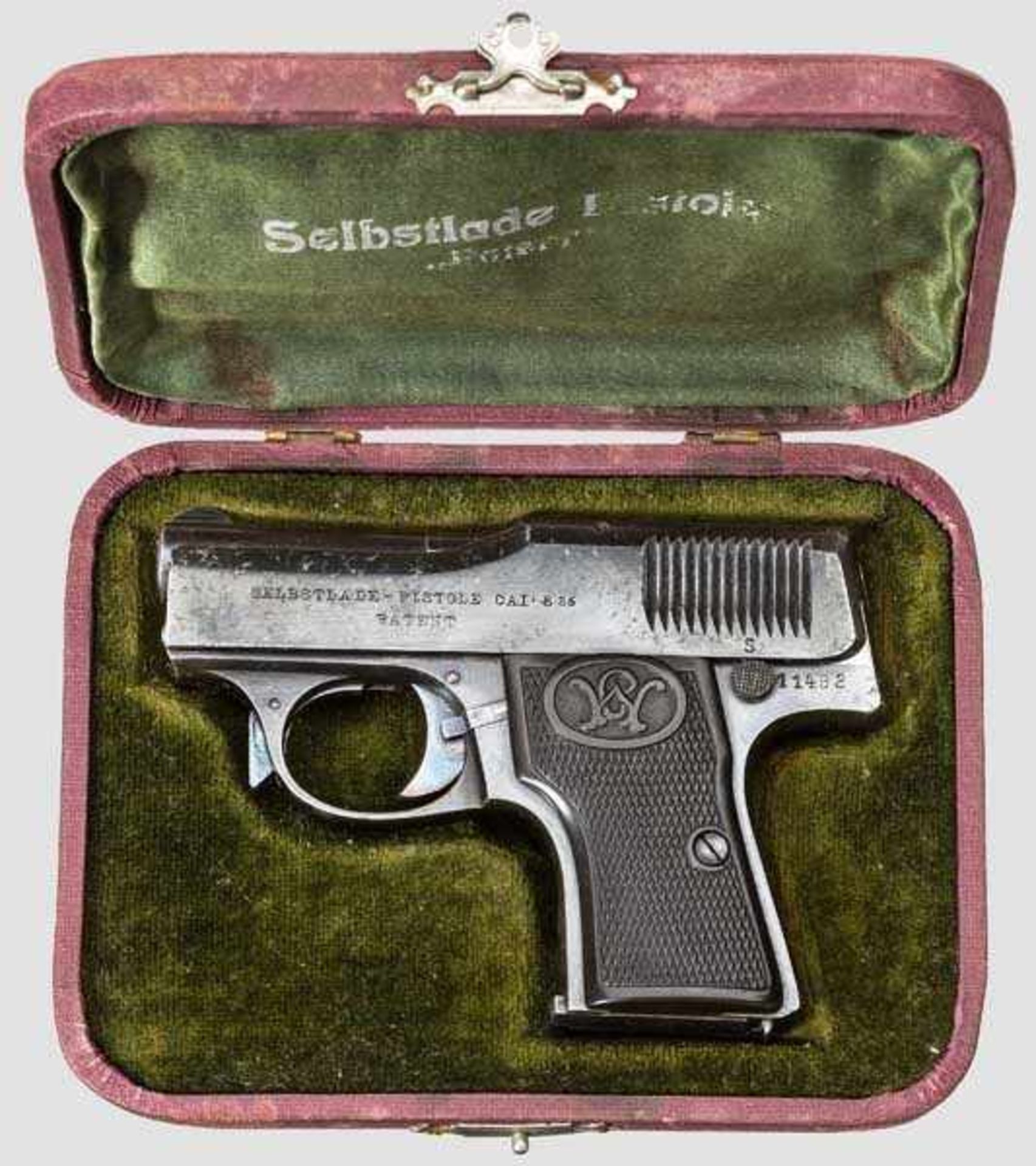 Walther Mod. 1, erste Ausführung, in Schatulle, um 1911 Kal. 6,35 mm, Nr. 11493. Nummerngleich.