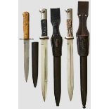 A Pair of KS98 Dress Bayonets and Model 91 German Combat Knife A model 91 combat knife with 17 cm