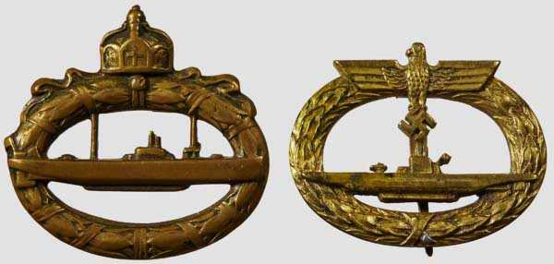 Two Submarine War Badges 1918 issue in tombak with manufacturer stamped {Walter Schott{. Heavily