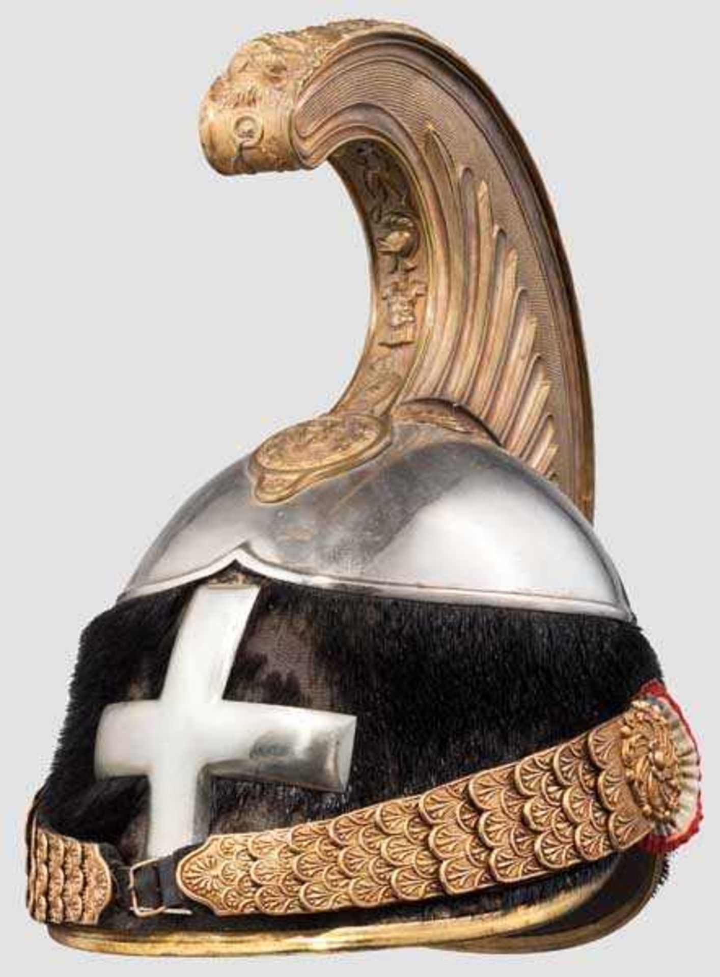 Helm für Angehörige der schweren Kavallerie, 20. Jhdt. Eiserner Korpus, am Bund mit schwarzem