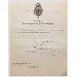 Prinz Alfons von Bayern - Dankschreiben Kaiser Wilhelms II. 1930 Gedruckter Briefkopf {