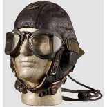 A LKpW101{ Winter Flight Helmet with AUER Model 306 Flight Goggles Five panel, brown leather