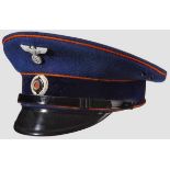 A Visor Hat for Officer of the Postal Service Blue doeskin, black velvet center band, orange wool