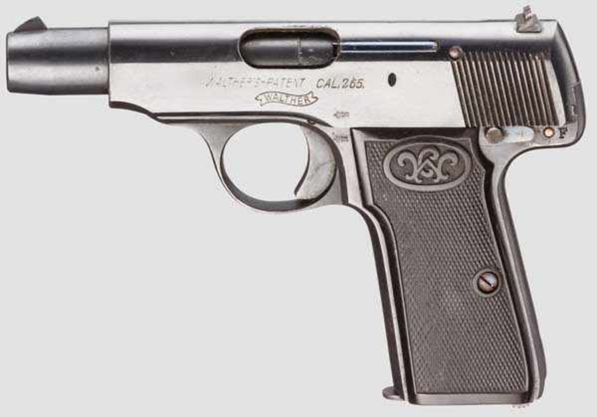 Walther Mod. 4, fünfte Ausführung Kal. 7,65 mm, Nr. 240961. Nummerngleich. Blanker Lauf.