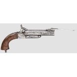 Doppelläufige Stiftfeuerpistole mit Springbajonett, Spanien(?) um 1860 Kal. 15 mm SF, Nr. 34.