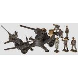 A Hausser #748 “8,8 Flak”, a Cannon and 7 Lineol Elastolin Figures Hausser / Lineol, 7cm series,