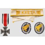 Nachlass eines Fallschirmjägers Ärmelband "Kreta", weiß mit goldgelber Stickerei und rs. RB-Nr.