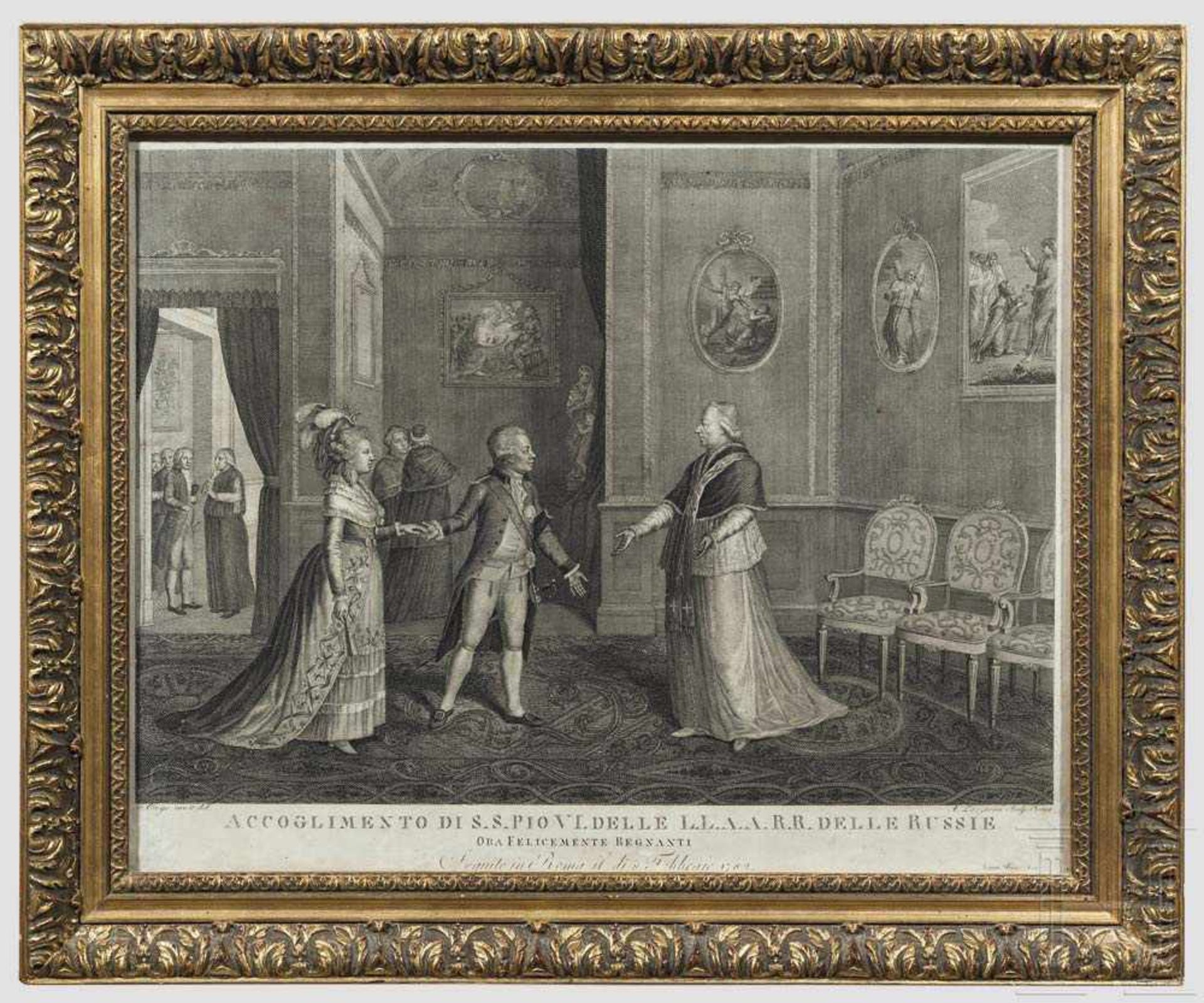 Russischer Großfürst Pavel Petrovitch (Zar Pavel I) und seine Frau Maria Fedorovna beim Papstbesuch,