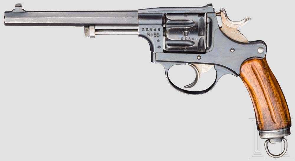 Ordonnanzrevolver Mod. 1882 mit Sonderlauf und Tasche Kal. 7,5 mm, Nr. 22848. Nummerngleich. Blanker