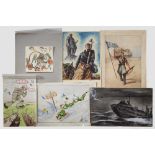 Sechs Originalentwürfe für Postkarten aus dem 2. Weltkrieg Unterschiedliche Techniken, Tusche mit