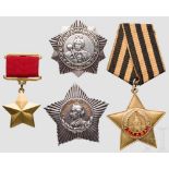 Vier hohe sowjetische Auszeichnungen als Sammleranfertigungen Medaille "Goldener Stern" zum Held der