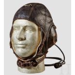 A "LKpW101" Winter Flight Helmet Five panel, brown leather construction, leather covered earphone