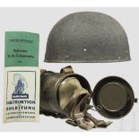 Stahlhelm und Gasmaske vor 1945 Rau lackierte Stahlglocke, vierteiliges, gestempeltes