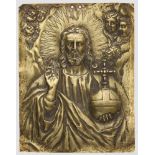 Reliefplatte, "Salvator Mundi", Antwerpen, um 1600 Rechteckige Platte aus Messingblech mit