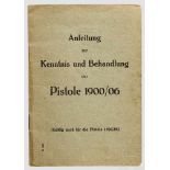 Originale Schweizer Anleitung zur Pistole 1900/06 und 1906/29 Grünlicher, leicht vergilbter