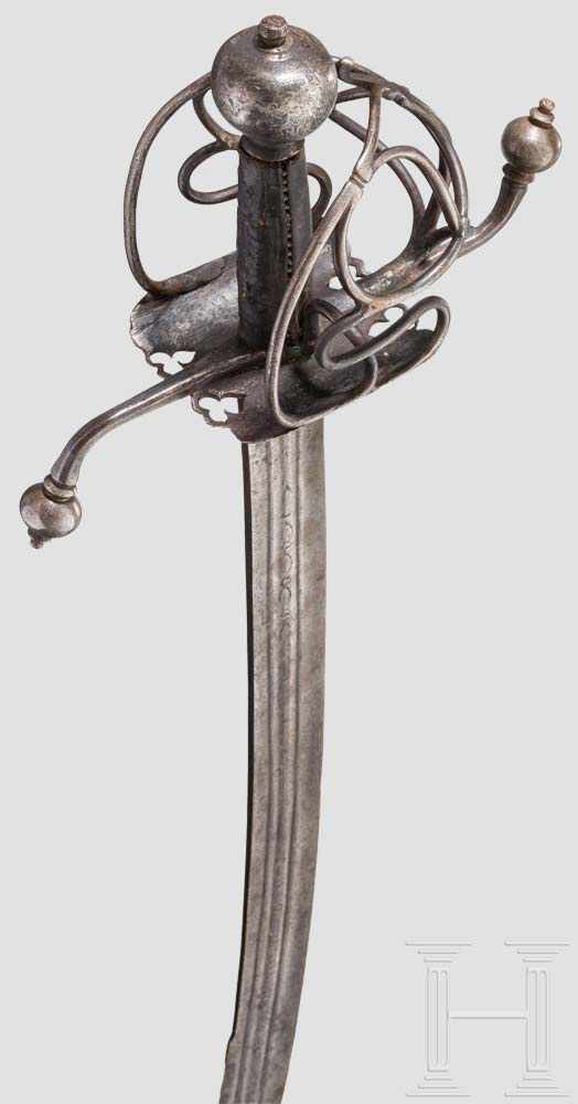 Korbsäbel, österreichisch, um 1580 Kräftige, leicht geschwungene Rückenklinge (narbig) mit - Image 4 of 6